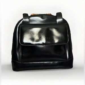 Gucci Vintage Black Patent Leather Shoulder Bag with Bamboo Accents